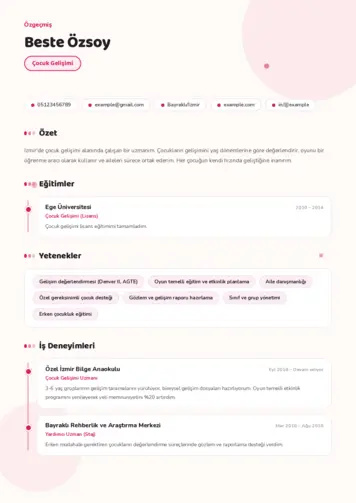Çocuk Gelişimi Bölümü CV Örnekleri cv indir